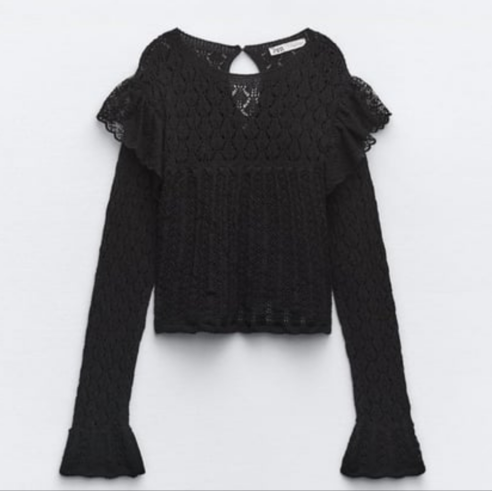 BN Zara black romantic pointelle knit bell sleeve lace shoulder sweater